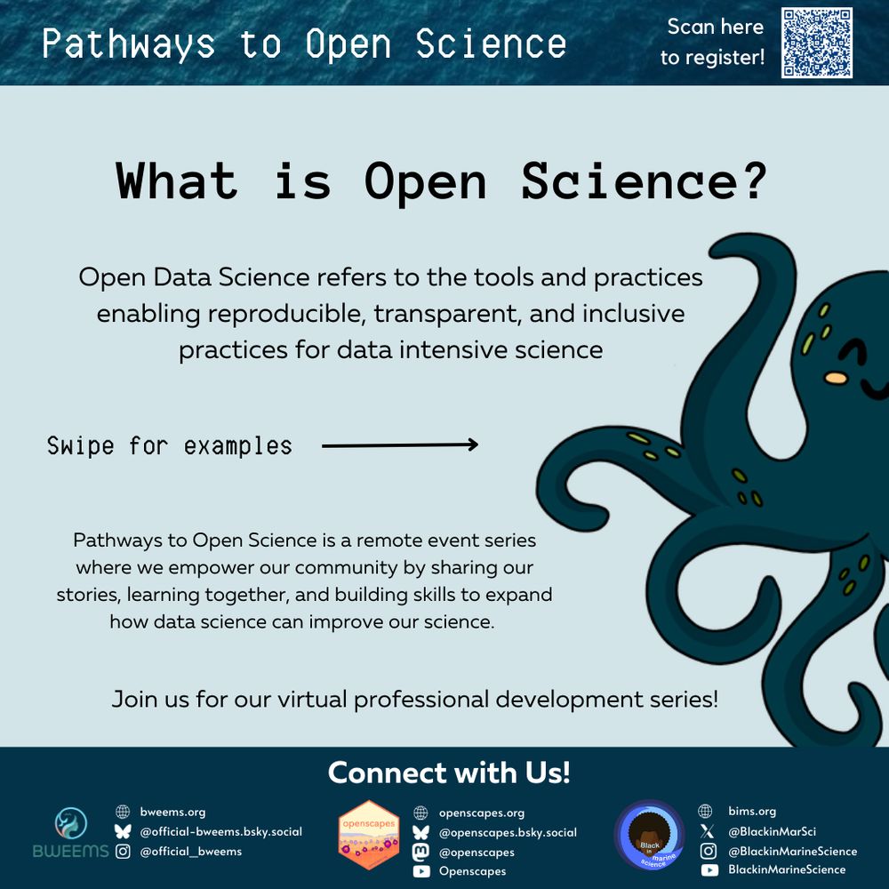 A flyer featuring an illustration of an octopus with the text: “What is open science? Open data science enables reproducible, transparent, and inclusive practices for data-driven research!” Below, it promotes the “Pathways to Open Science” event series for Black environmental & marine researchers.