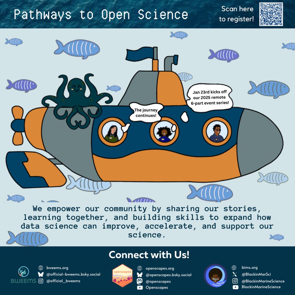 Illustration of a yellow submarine with people in windows and an octopus on top. Speech bubbles say: 'The journey continues!' and 'Jan 23rd kicks off our 2025 remote 6-part event series!' Background: fish swimming. Text below: 'Join our growing community! We empower by sharing stories, learning together, and expanding data science skills.' Bottom: 'Connect with Us!' with logos and social handles for BWEEMS, Openscapes, and Black in Marine Science. QR code at the top right to register.