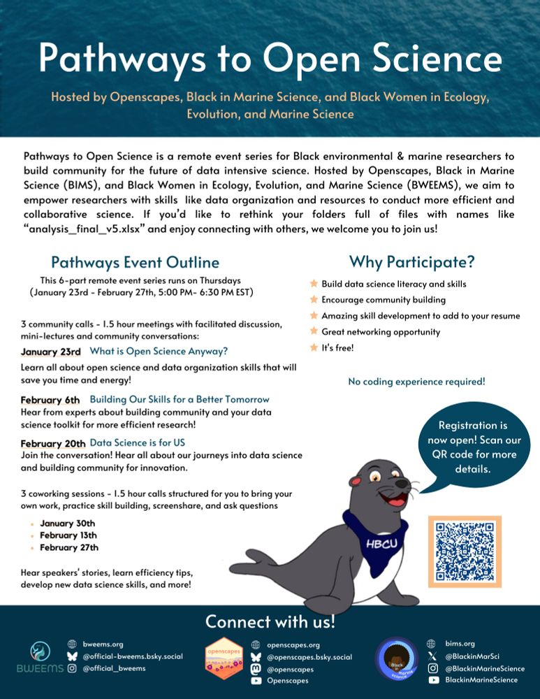 An infographic of a seal in an HBCU scarf saying, “Registration is now open! Scan our QR code for details.” It lists six events in the “Pathways to Open Science” series, a remote event for Black environmental & marine researchers to build community, hosted by BIMS, BWEEMS, and Openscapes.