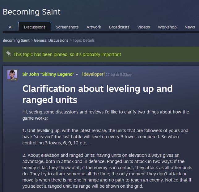 A Steam post on Becoming Saint discussions about "Clarification about leveling up and ranged units"