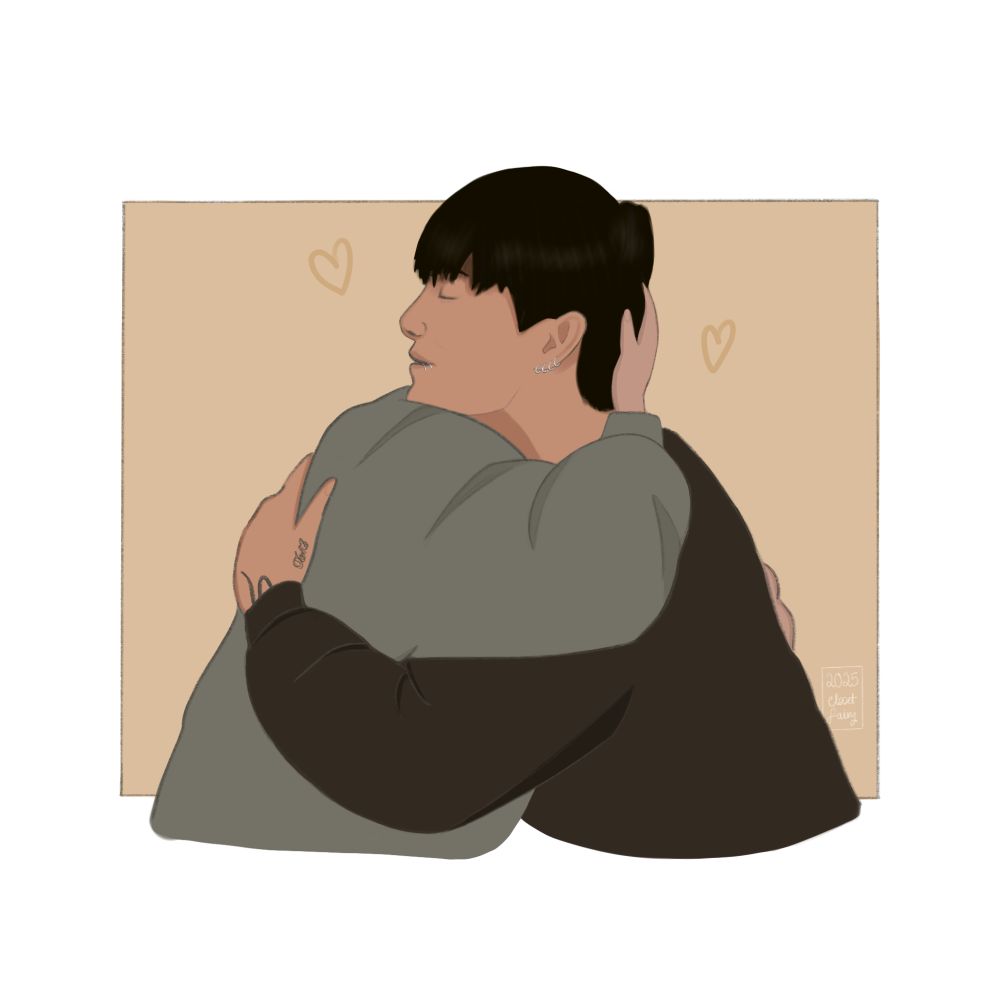 a simply drawn fan art of jimin and jungkook hugging during their 14th July 2025 weverse live. they both wear long sleeved tops/sweaters in grey (jimin) and black (jungkook). jimin cups the back of jungkook's neck with a small hand, ruffling his hair a little, but otherwise most of him is hidden by jungkook's larger body. the background is a sandy yellow and has two small hearts floating in the air.