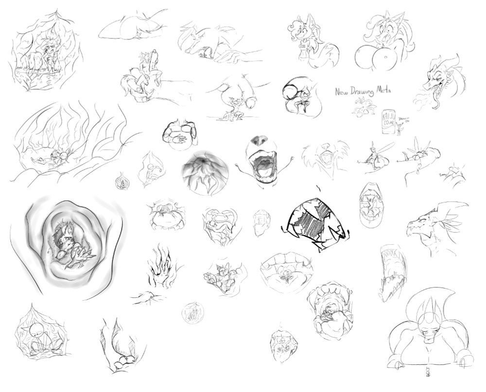 Various NSFW sketches featuring themes like furries, vore, and macro micro size play. The left section features internals, stomach focused. The top middle features various size play situations, including a larger furry licking a smaller character, sitting on a smaller furry, and a male furry masturbating in a hand bigger than they are as well as a smaller character holding up penis/balls. Towards the upper right are drawings of a female furry character. In one she's wearing a shirt that says "vore whore" in the other she has oversized breasts and appears surprised by this. There is a dragon on the right. In the middle are various maw-focused shots, both exterior and interior, with and without a smaller character inside. The right features various size-play drawings with a small male furry character riding a large penis, including an image of him inside a human mouth. The far right features another dragon. The maw drawings continue on the bottom, though there is a drawing of a furry foot in an interior space near the lower left. The lower right features a large female dragon/lizard with large breasts laying down and facing the camera while looking over a much smaller character.