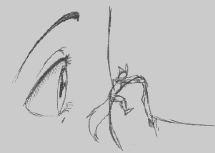 Digital sketch. Close up of a character's eye looking at a much smaller furry character holding onto the tip of their finger.