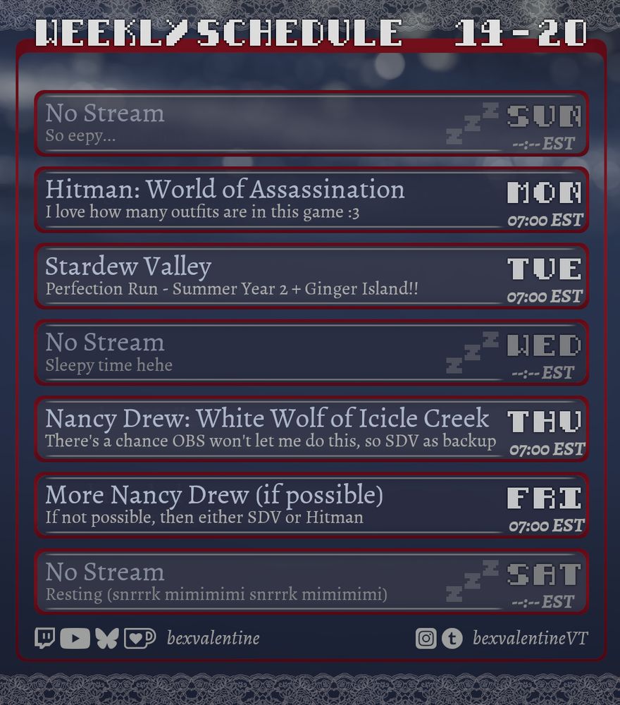 Upcoming stream schedule:
Monday at 07:00 EST - Hitman World of Assassination
Tuesday at 07:00 EST - Stardew Valley
Thursday at 07:00 EST - Nancy Drew: White Wolf of Icicle Creek
Friday at 07:00 EST - Nancy Drew: White Wolf of Icicle Creek