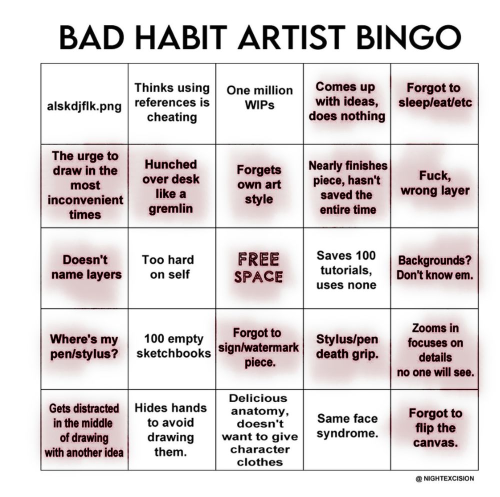 Bingo card with a 5x5 grid. Each cell on the grid has a different "bad habit for artists" in it. The bingo sheet has 2 bingos. 