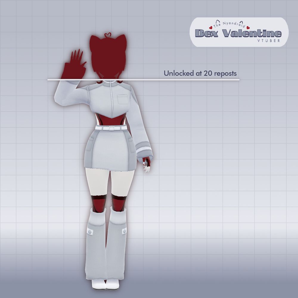 Humanoid figure with the head and a raised hand in silhouette. The silhouette has cat ears. Rest of the figure is visible and the outfit is: a grey cropped mockneck jacket over a red body suit, paired with a grey colorblock mini skirt, red over-the-knee stockings, grey leg warmers, and white boots