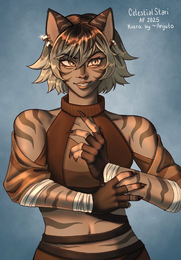 A digital illustration of a woman from the waist up. She has striped, pointed feline ears, spiky two-tone hair of medium length, golden eyes, and a smirk. Her skin is tan with tiger stripes throughout.