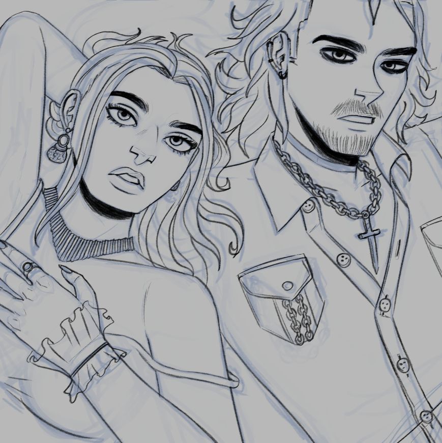 A sketch of a woman (Maya) and a man (Chase) lying down together. They're both doing "model faces" at the camera.