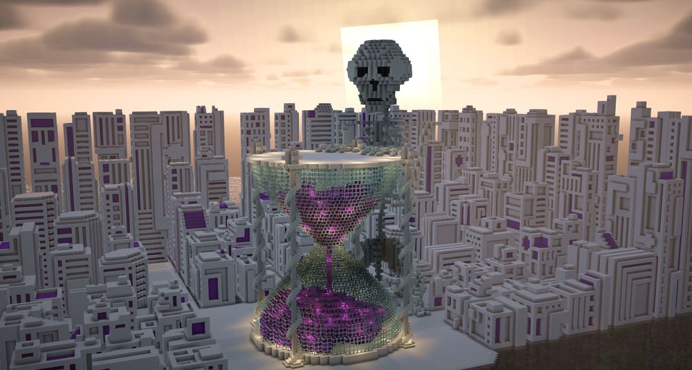 A minecraft build of a large white skeleton with it's hands on an hourglass with purple sand within. It is surrounded by abstract white and purple buildings.