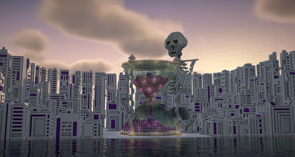 A minecraft build of a large white skeleton with it's hands on an hourglass with purple sand within. It is surrounded by abstract white and purple buildings.