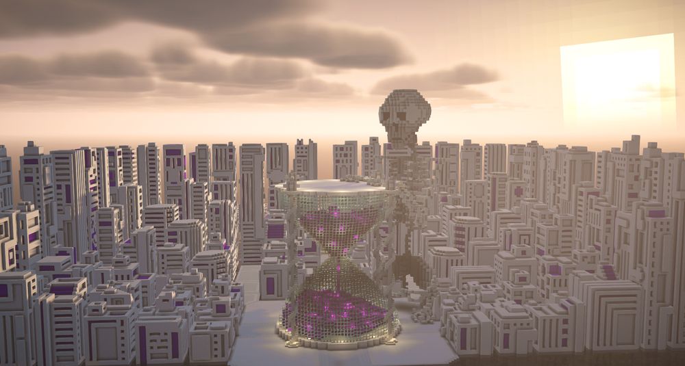 A minecraft build of a large white skeleton with it's hands on an hourglass with purple sand within. It is surrounded by abstract white and purple buildings.