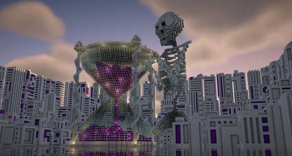 A minecraft build of a large white skeleton with it's hands on an hourglass with purple sand within. It is surrounded by abstract white and purple buildings.