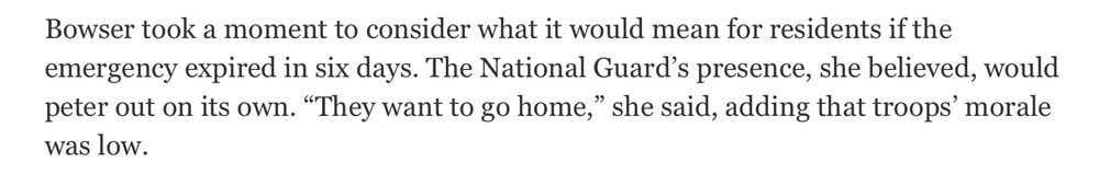 Quote from Washington Post article about Mayor Muriel Bowser: “Bowser took a moment to consider what it would mean for residents if the emergency expired in six days. The National Guard's presence, she believed, would peter out on its own. "They want to go home," she said, adding that troops' morale was low.” 

🤡🤡🤡🤡🤡🤡🤡🤡🤡🤣🤣🤣🤣🤣🤣🤣🤣🤣🤣🤣🤣🤣🤣🤣🤣🤣🤣🤣 she clearly does NOT understand the President AT ALL