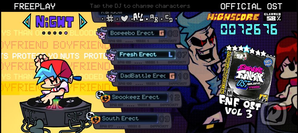 A Screenshot of Friday night funkin's mobile Freeplay menu where Week 1 remixes have bad ranks