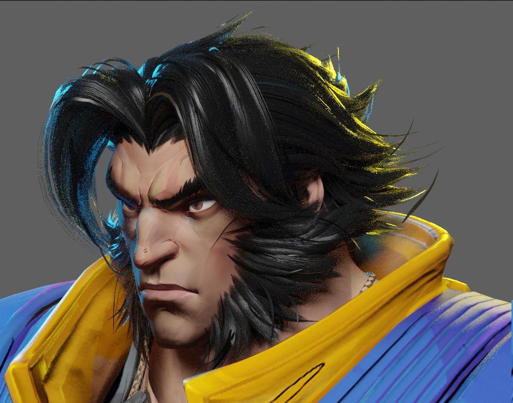 a bust screenshot of wolverine from marvel rivals exported into blender at a 3/4ths view.