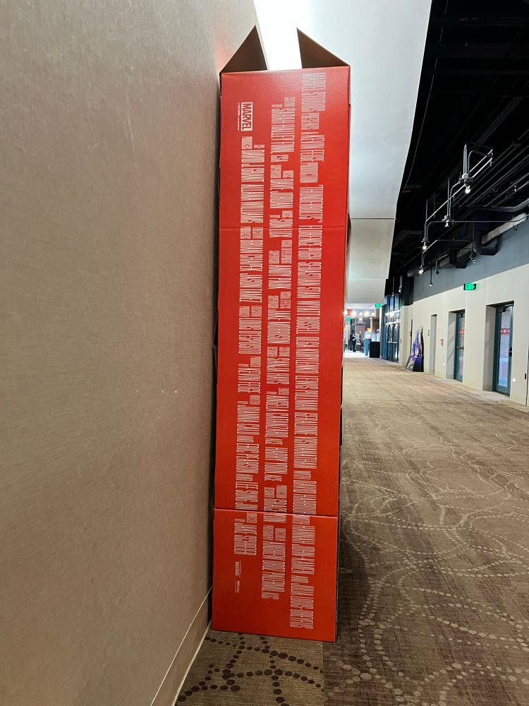 Image of side of giant Wheaties style orange box with ad for Thunderbolts movie 