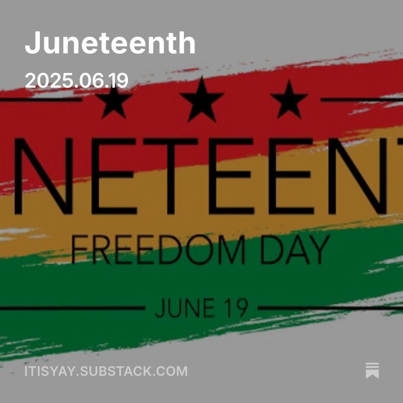 Juneteenth image with black letters over red gold and green splashes of color; the words Freedom Day and the date, June 19, also appear over the colors. 