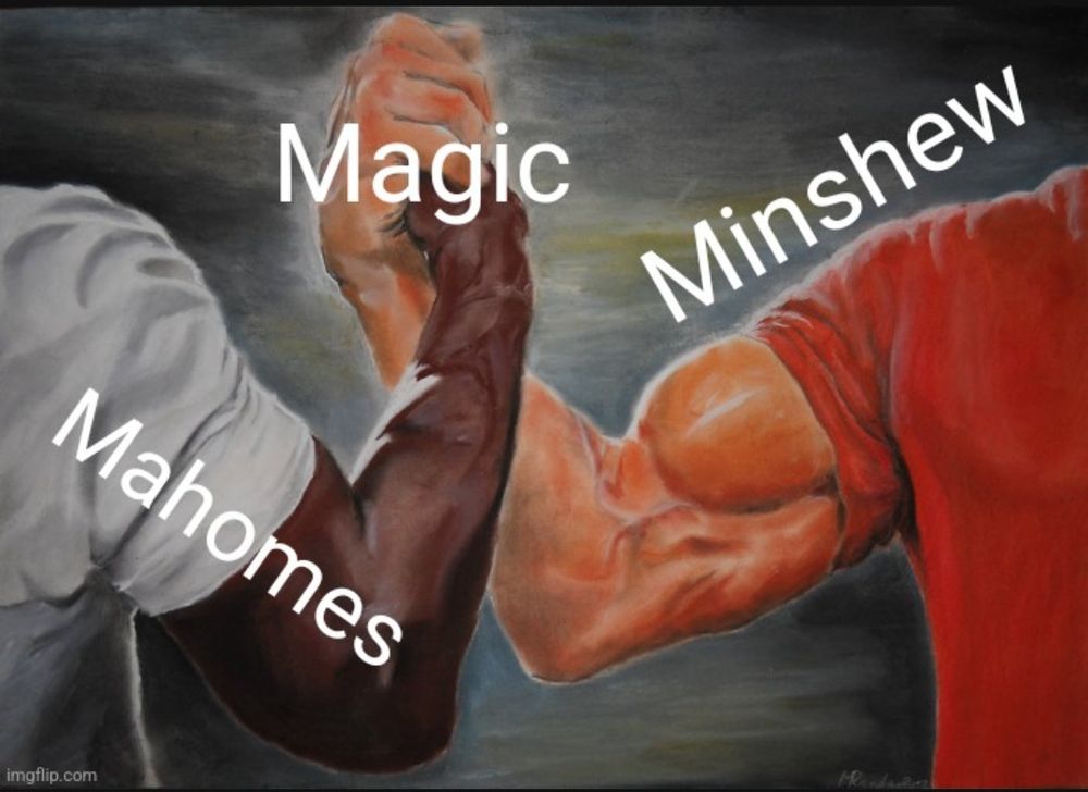 pic of the actual arms of pat mahomes and gardner minshew clasped in an epic dap, resulting in magic