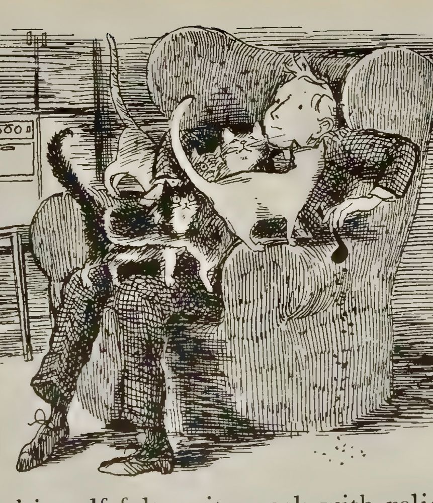 it’s a line drawing of a man in a big comfy armchair who is overwhelmed by four cats who have decided to stand on his lap 
