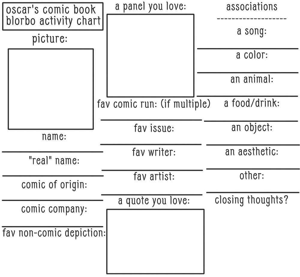 A blank chart to be filled, titled "oscar's comic book blorbo activity chart"