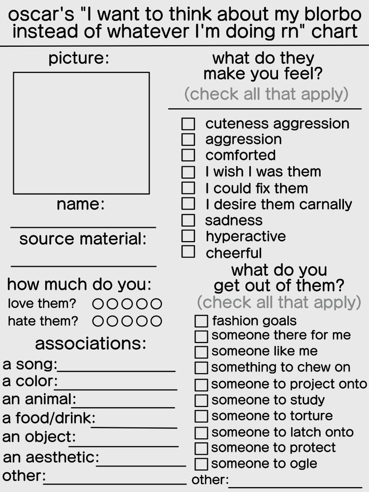A blank chart to be filled, titled "oscar's 'I want to think about my blorbo instead of whatever I'm doing rn' chart"