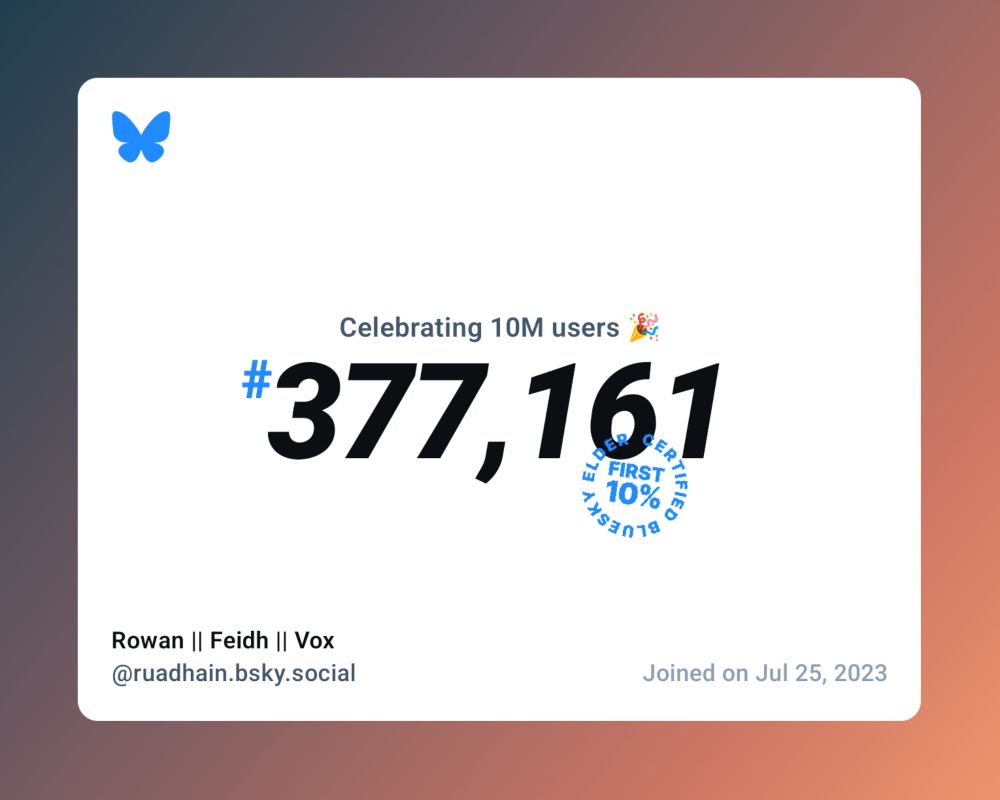 A virtual certificate with text "Celebrating 10M users on Bluesky, #377,161, Rowan || Feidh || Vox ‪@ruadhain.bsky.social‬, joined on Jul 25, 2023"