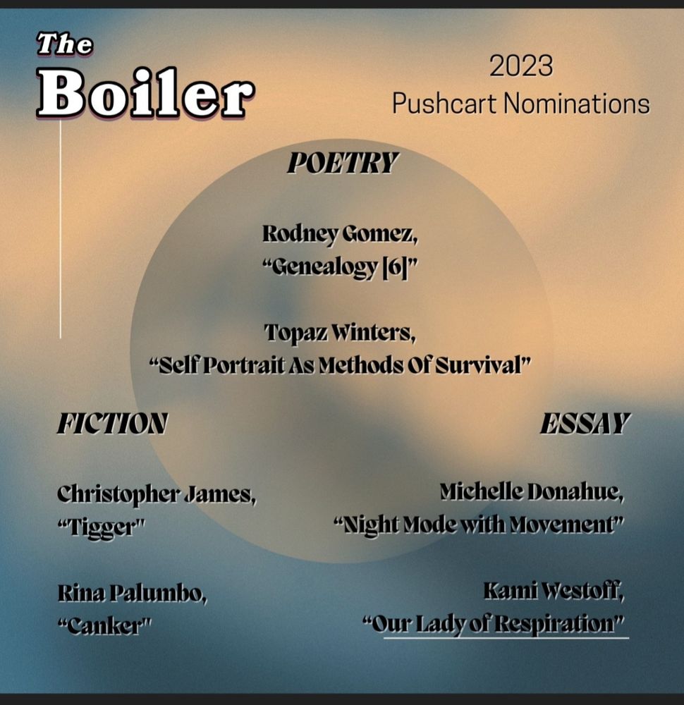 The Boiler Pushcart nominations: poetry, Rodney Gomez and Topaz Winter, Essay, Michelle Donahue and Kami Westoff, and Fiction, Rina Palumbo and lil ol me! Good luck everyone :)
