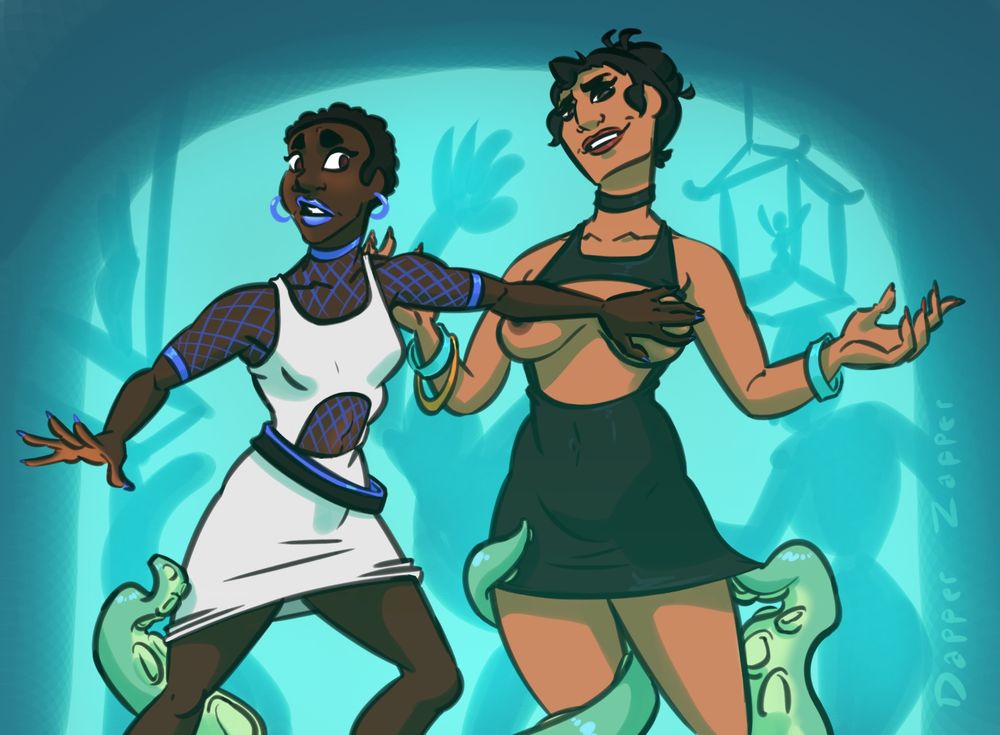 Elodie and Nettle at an alien club; they're both wearing variations on the "expectation vs reality" dress, which is a mini dress with a large midriff hole that works just fine on Elodie but on Nettle has the debatable unfortunate tendency to pull up too high and fully expose her breasts.  Nettle, for her part, seems totally fine with this. Elodie, easily embarrassed, is less so and is trying to cover her friend's chest. Tentacles are gently tugging on their skirts and wrapping around their legs because that's what kind of club this is.