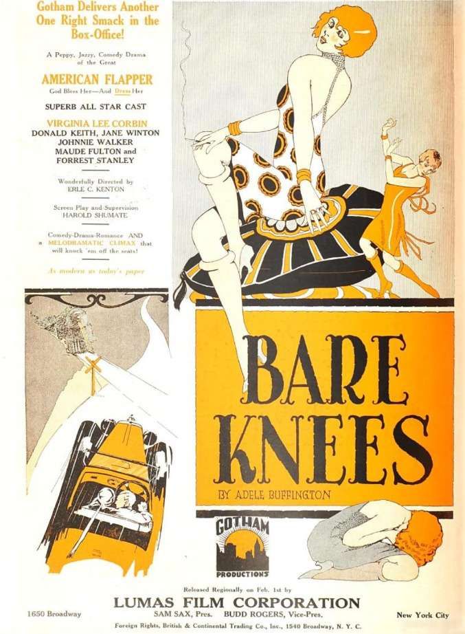 Orange and black ad featuring women in 1920s dress and a convertible car