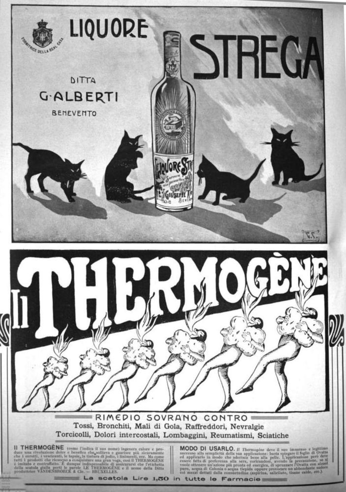 One ad with four black cats around a liquor bottle and one with a line of dancing girls