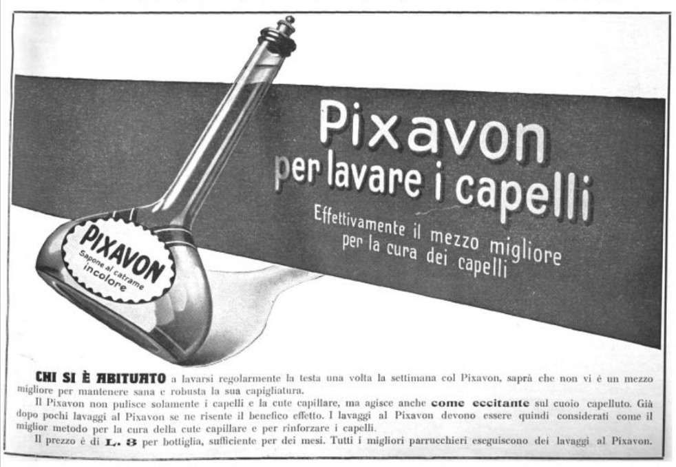 Ad with a drawing of a bottle shaped like a volumetric flask with a flat bottom