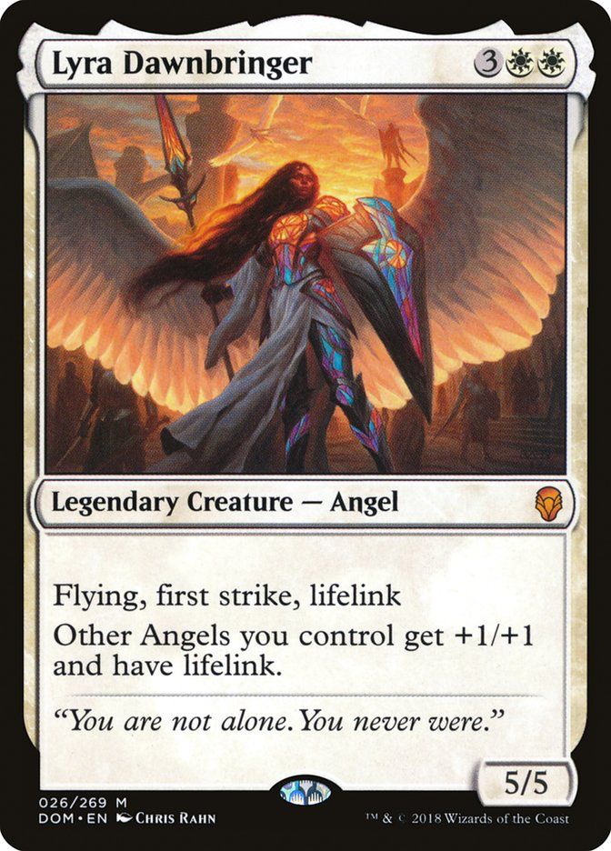 Lyra Dawnbringer:  2 white and 3 colorless.  Legendary Angel with Flying, First Strike and Lifelink.  Gives other angels +1 +1 and lifelink.  5/5