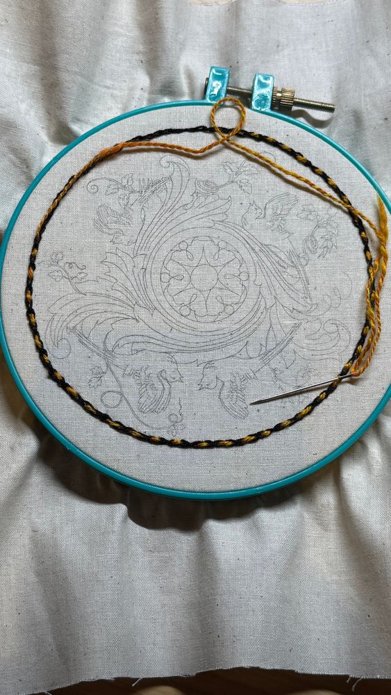 My design for a new stitch piece set in the embroidery frame and stitching begun 