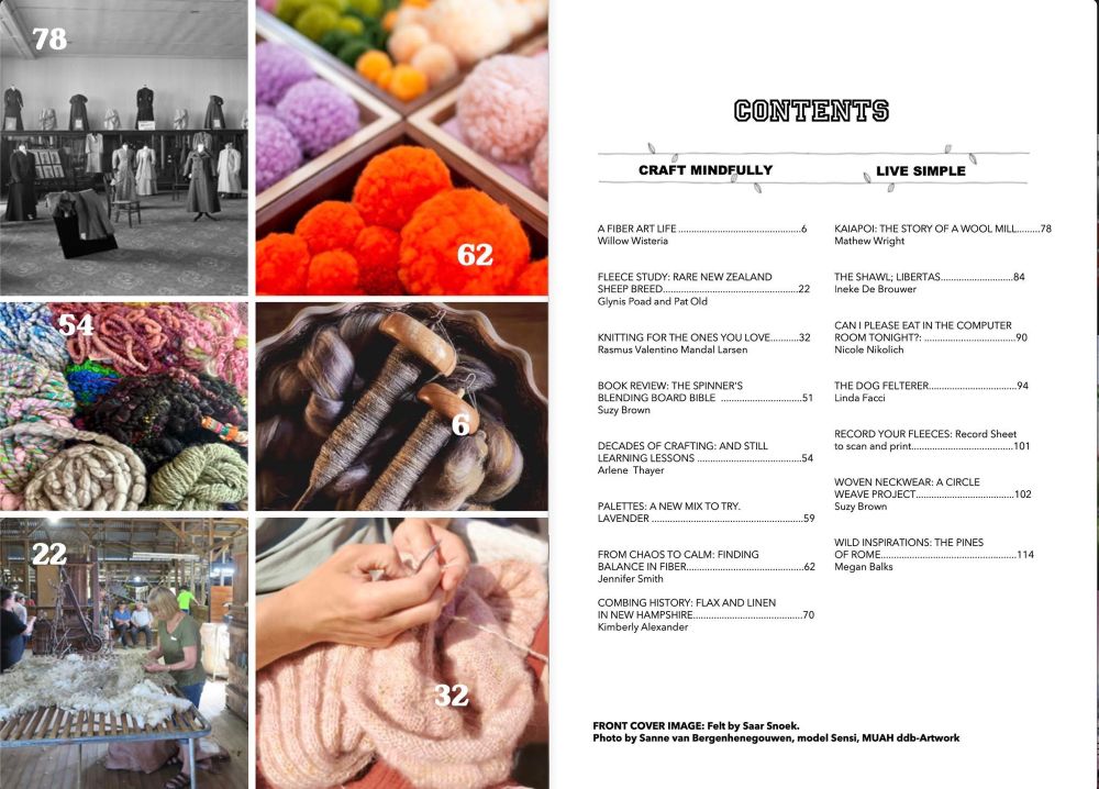 A contents page from TinyStudio creative life magazine, as an example of content we love to share with fiber artists to inspired creatives to write for the magazine to share crafting with fiber and spinning ideas, projects, and inspiration 
