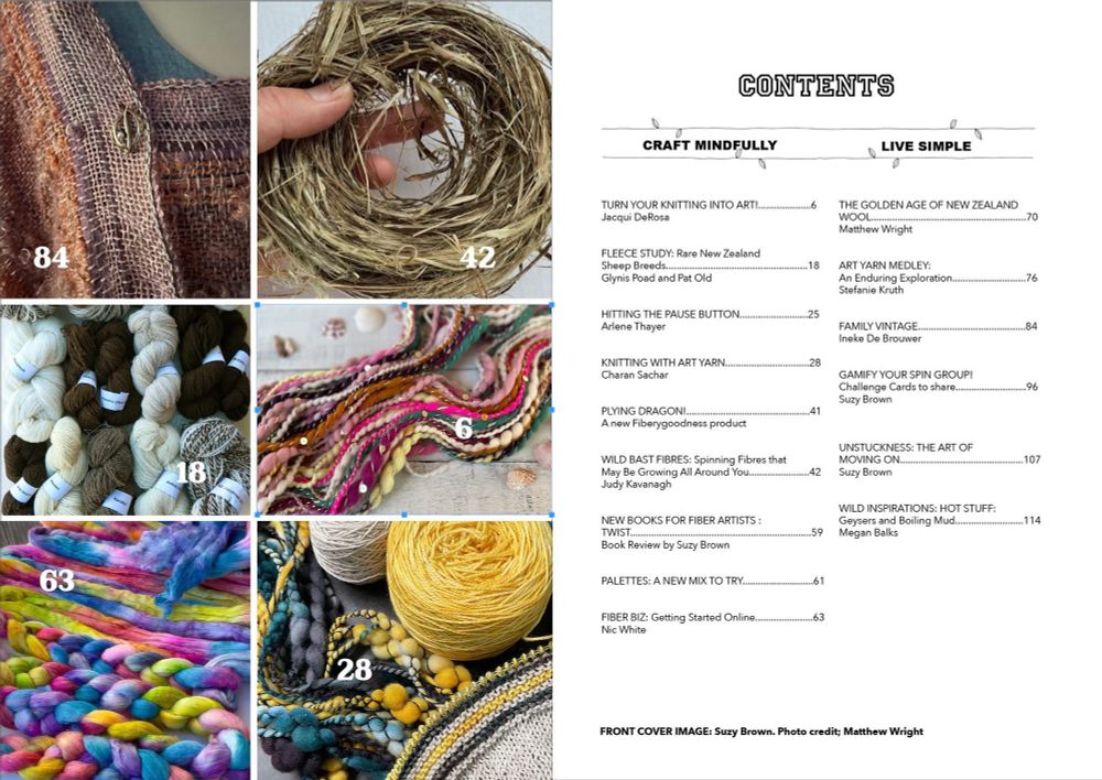 A contents page from TinyStudio creative life magazine, as an example of content we love to share with fiber artists to inspired creatives to write for the magazine!