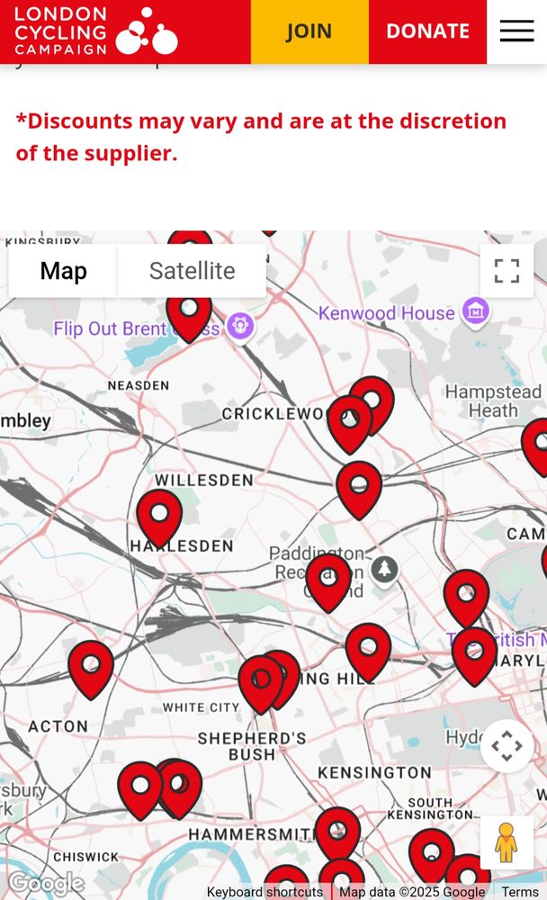 A map with red markers linked to the locations of local bike shops in north west London.