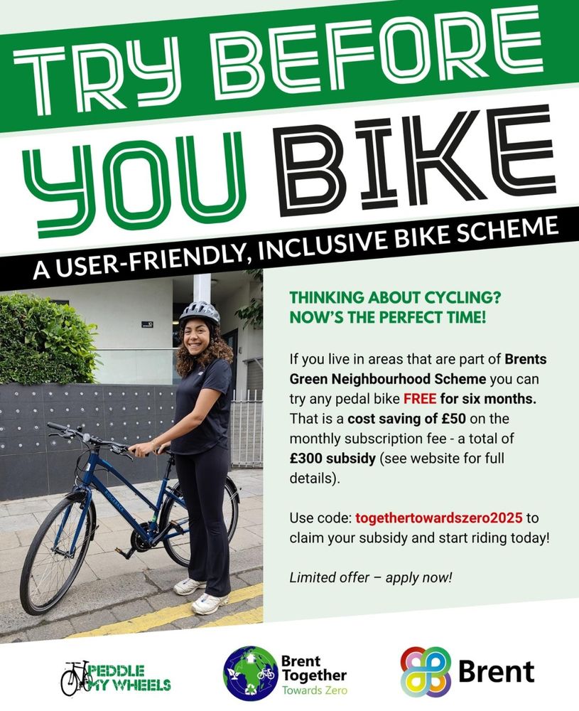 togethertowardszero2025 : £300 subsidy - if you live in the following areas of Brent which are part of the Brent Green Neighbourhood scheme you are eligible for £50 per month off any pedal bike for six months: St Raphael’s (NW10), South Kilburn (NW6), Kingsbury (NW9), Church End (NW10) and Roundwood (NW10). That is a 100% saving on the monthly subscription fee.