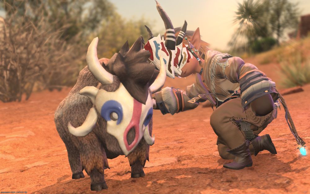 Same scene as the previous images, though from a different angle looking down the path. It is later in the day so the colors have shifted to the Golden Hour. My WoL is leaning on one knee to pet the calf in the middle of the path. From this angle, you can see that the crop jacket she's wearing has a faux tail of braided leather ending in a glowing blue crystal.
