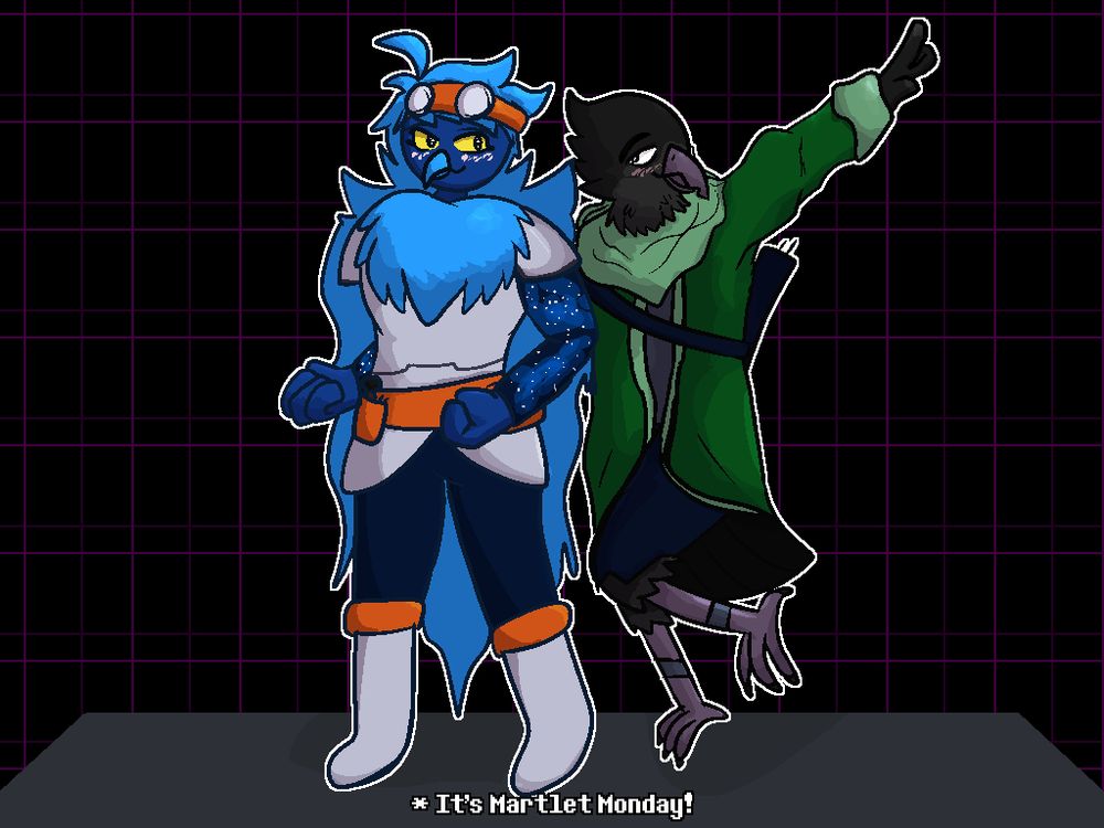 Martlet, a blue bird, stands confidently dressed in armor with orange goggles and an orange belt. Her crow husband Apollo poses behind her, fit with a blue quiver, and a green cowl and coat. 