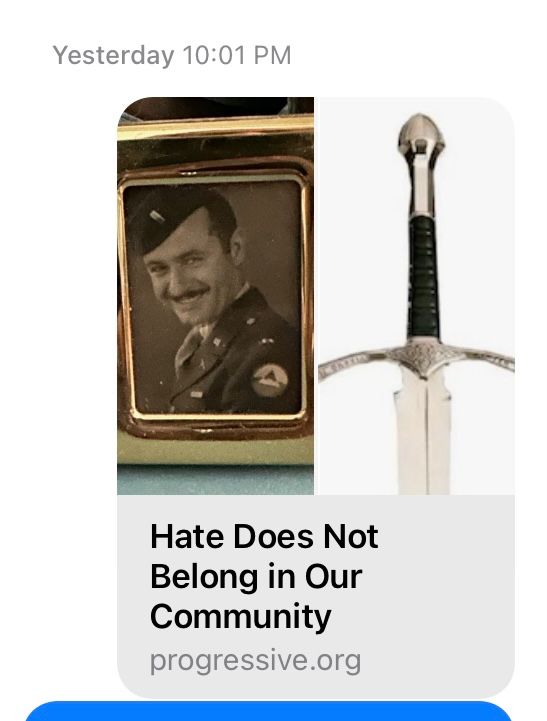Two photos, one of my grandfather, a white man, in his WWII uniform, and one of a sword.