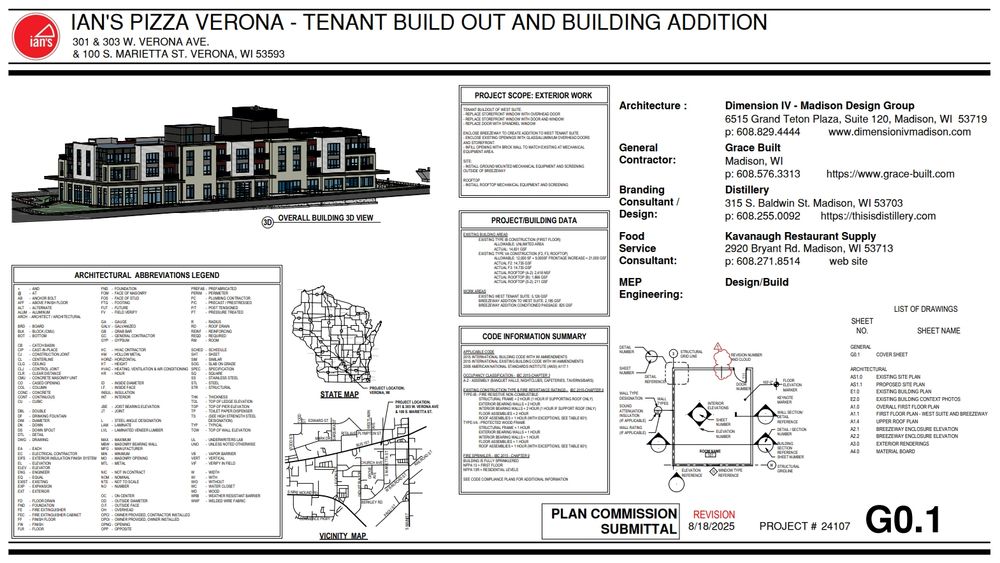 Screenshot of planning commission proposal docs showing "tenant buildout" plans to modify an existing mixed-use building along West Verona Ave in preparations for a new Ian's Pizza location.
