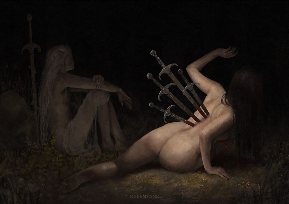 Illustration of two figures, placed in the dark with only few details on the ground. The first figure sits on the left side, their arms resting on their legs. A sword is placed at their back, piercing the ground, while being slowly overgrown.
The second person on the right is almost crawling on the ground, her upper body reaches up. She is pierced with four swords, but leaving no blood on the body itself. Her left arm reaches out for something, while right hand tries to balance her body.
The light shines mostly on the second figure, highlighting the pierced back, while first person gets shine upon indirectly.
Both figures are facing away from the viewer.