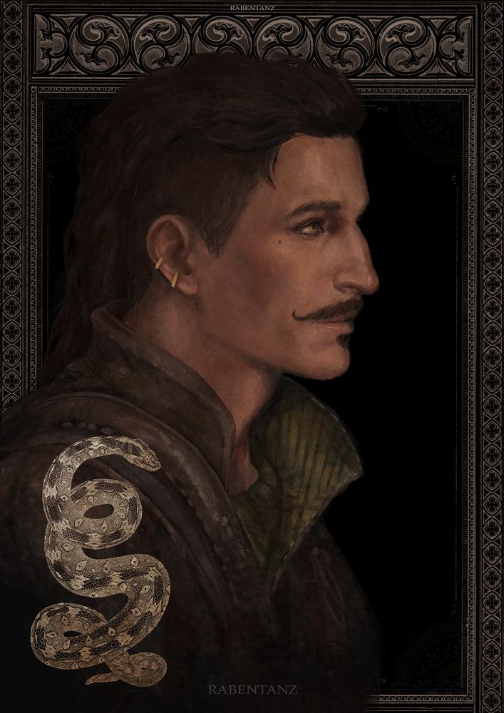 portrait of dorian pavus from dragon age. he's depicted in a side profile, looking to the right. the light is soft, the colors are very muted. in the lower left corner there's an illustration of a snake with a gold texture on it. the background also features some antique bronze colored vintage details.
