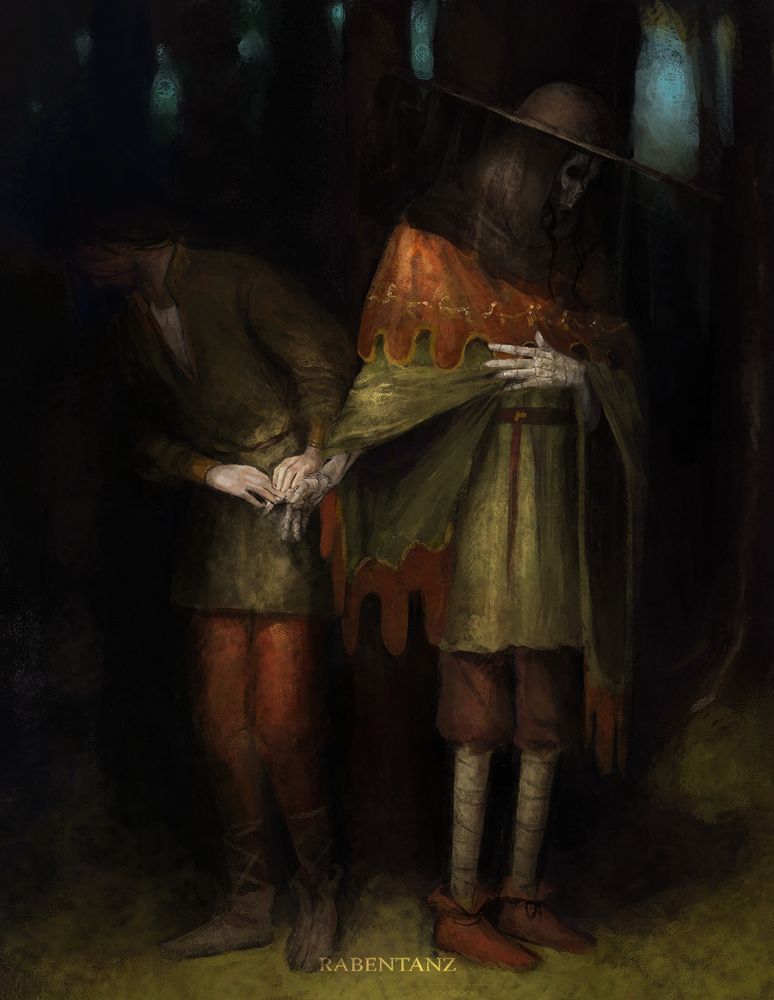 painting based on Arthur Hackers Vale (Farewell) 1913

two people standing in a dark forest. they both are holding hands, but each of them are looking into the opposite direction. it shows the same character twice, the left one being his past him, right is his current state - as a skeleton.