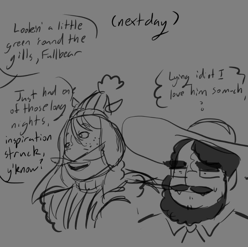 A sketch of the next day. Helmut is rubbing his neck, and Bob is standing beside him with a sun hat. 
Ford, offscreen: "Lookin' a little green round the gills, Fullbear"
Helmut: "Just had one of those long nights, inspiration struck, yknow?"
Bob, thinking: "Lying idiot I love him so much." 