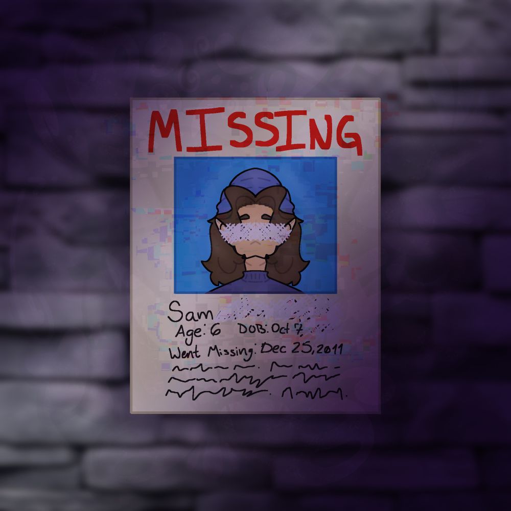 A missing child’s poster with the eyes and some information scratched out.