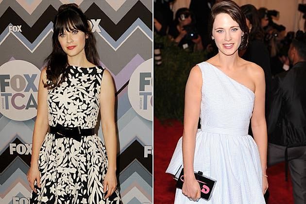 a split photograph of Zooey Deschanel, with and without her famous bangs. she is almost unrecognizable without the bangs.