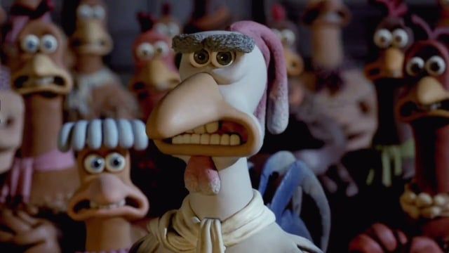 An elderly rooster disparaging another rooster for a trait shared by every character in the film.