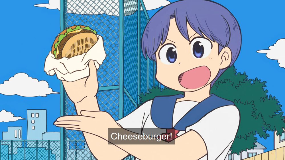 girl from City the Animation with a cheeseburger saying cheeseburger
