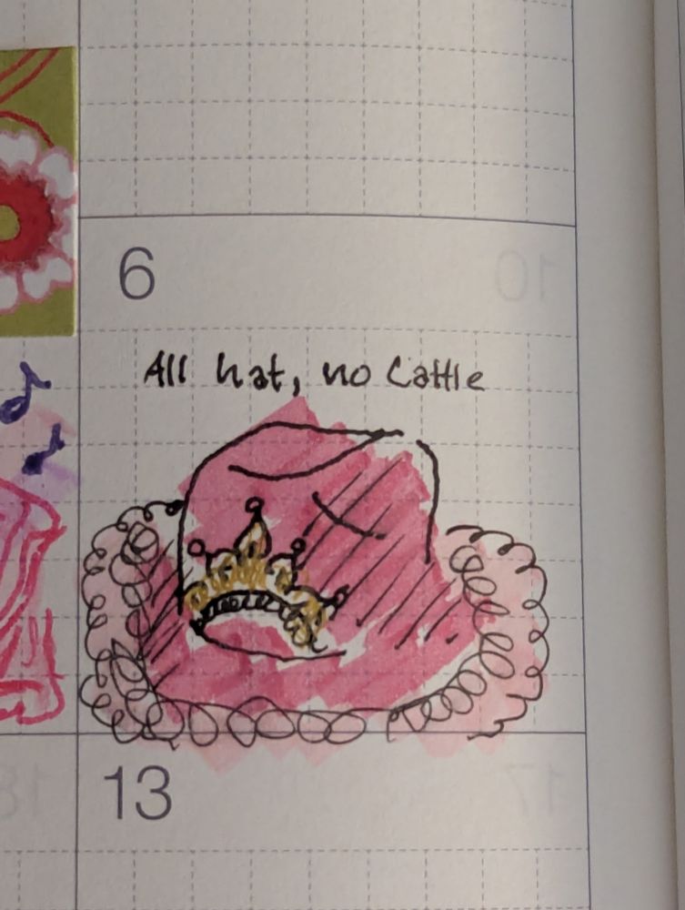 Journal entry with a drawing of a pink cowgirl hat